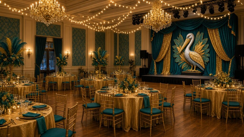 Ballroom with chandeliers, gold-draped tables, and a pelican backdrop