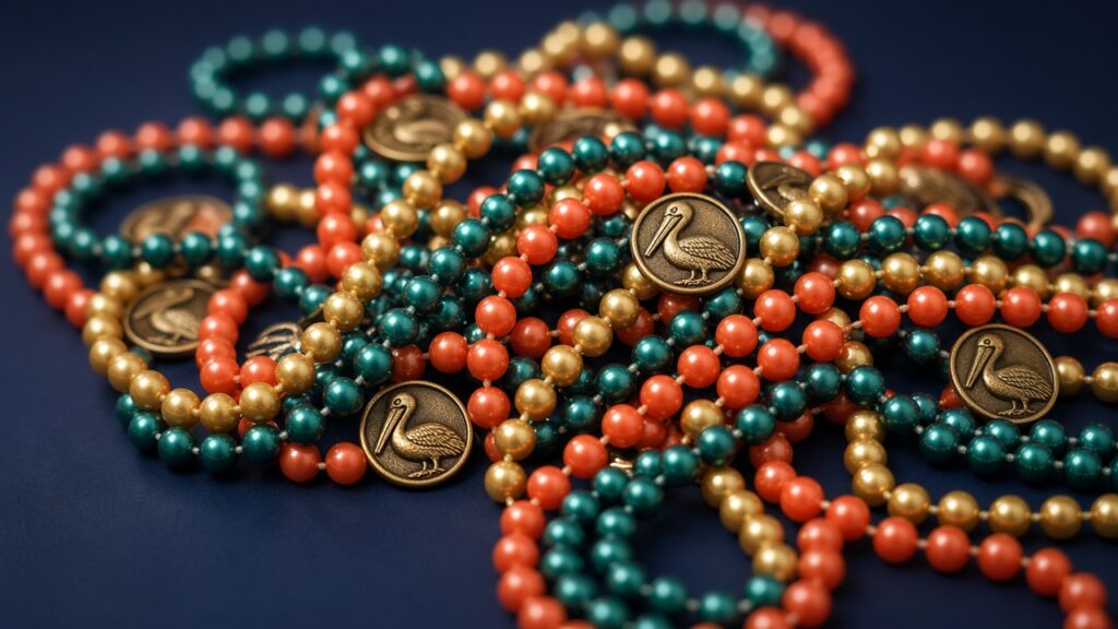 Close-up of teal, coral, and gold Mardi Gras beads with pelican medallions