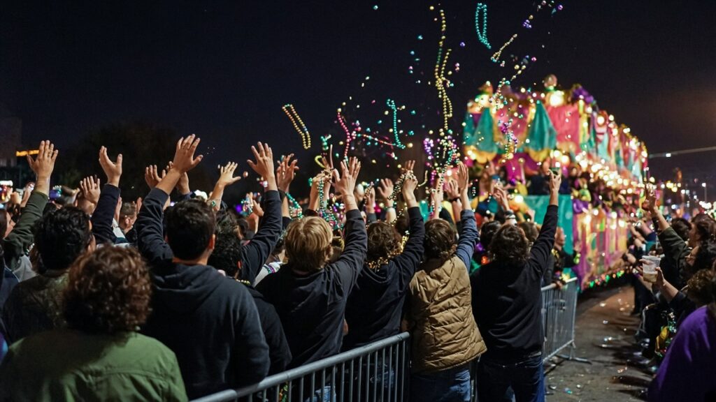 Parade-goers seen from behind, reaching up to catch beads from a passing float