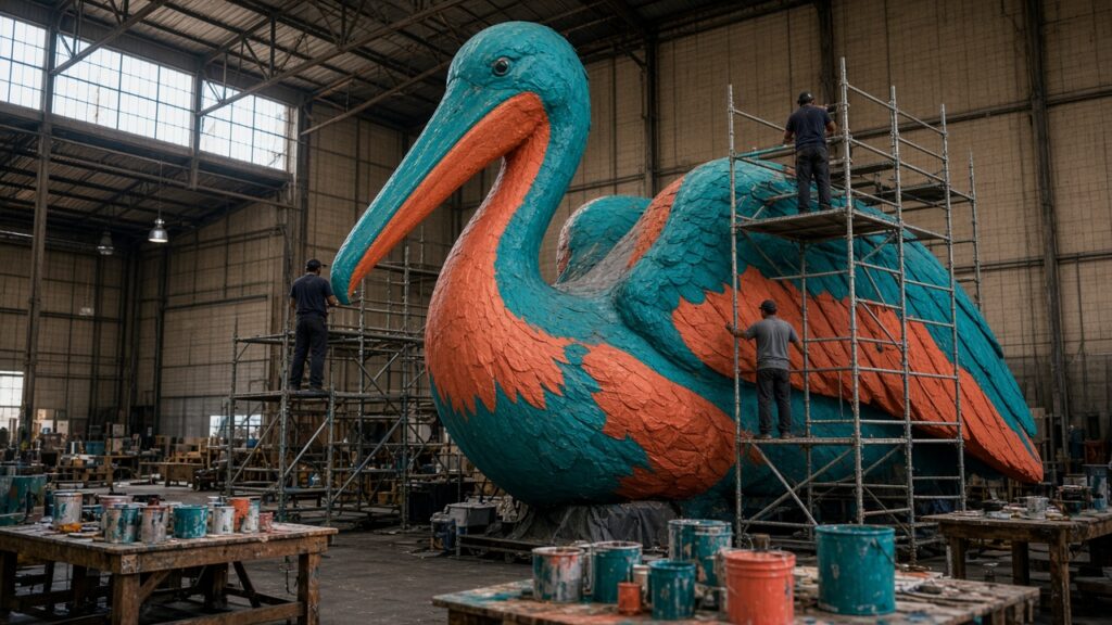 Workers on scaffolding building a giant pelican float inside a float den
