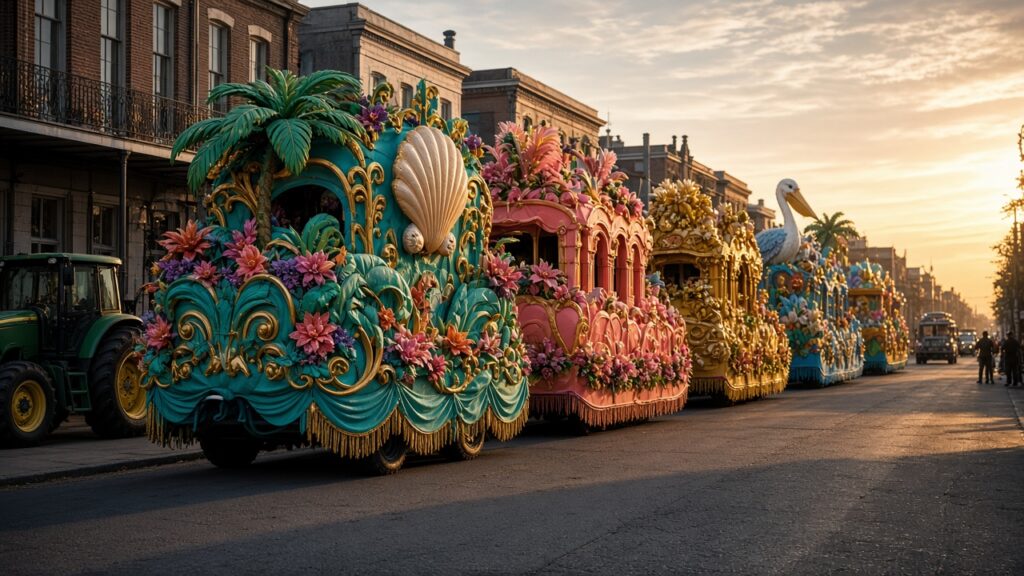 Row of colorful floats lined up on a street before the parade
