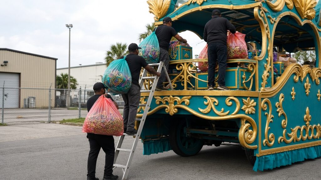 Riders loading bags of throws onto a teal and gold float in daylight