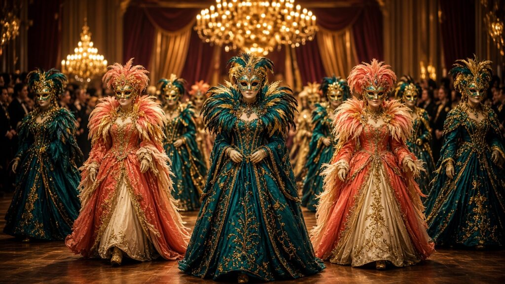 Masked royal court in teal, coral, and gold gowns at the ball's grand march