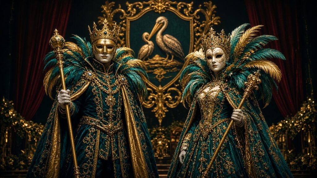 Masked King and Queen in teal and gold costumes before a pelican crest at the ball tableau