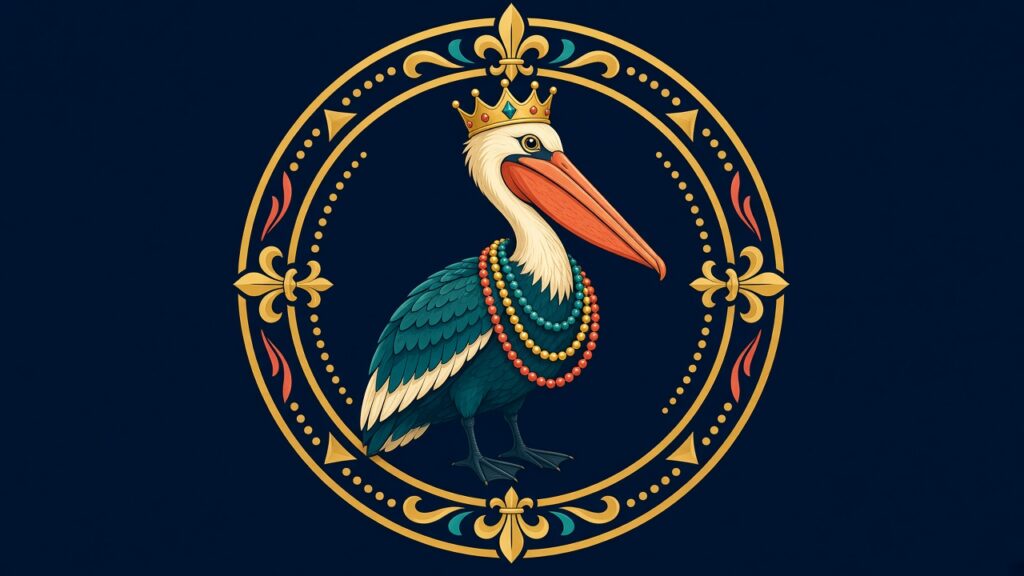 Emblem of a pelican wearing beads inside a gold circle on navy