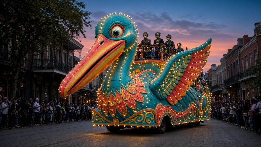 Giant teal and coral pelican float rolling down a street at dusk, with riders on board