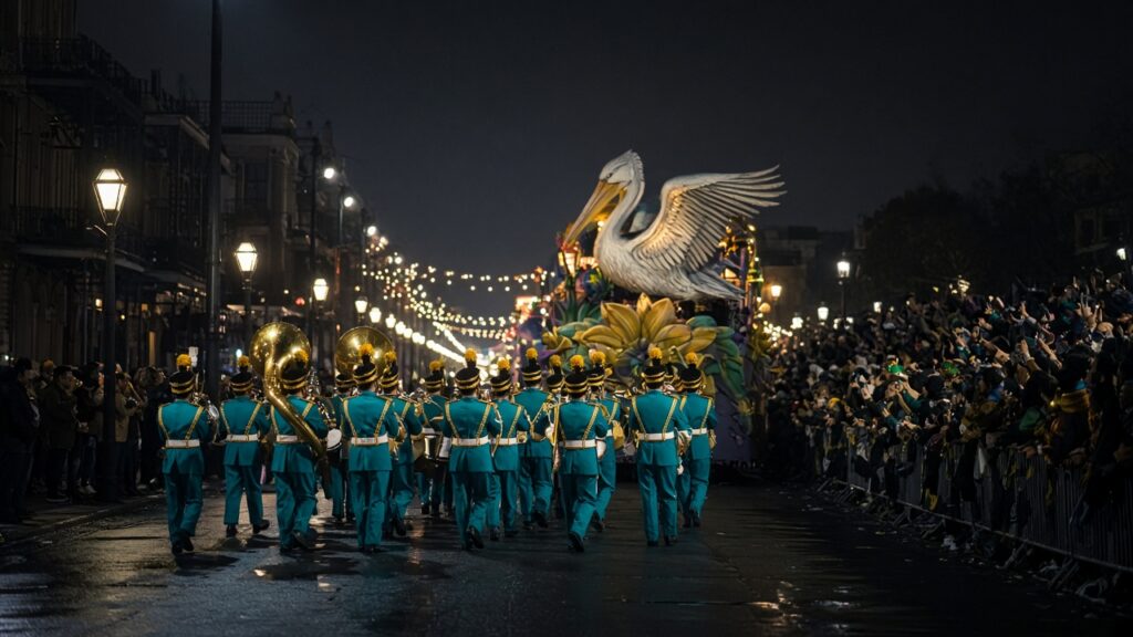 Marching band in teal uniforms leading a pelican float at night