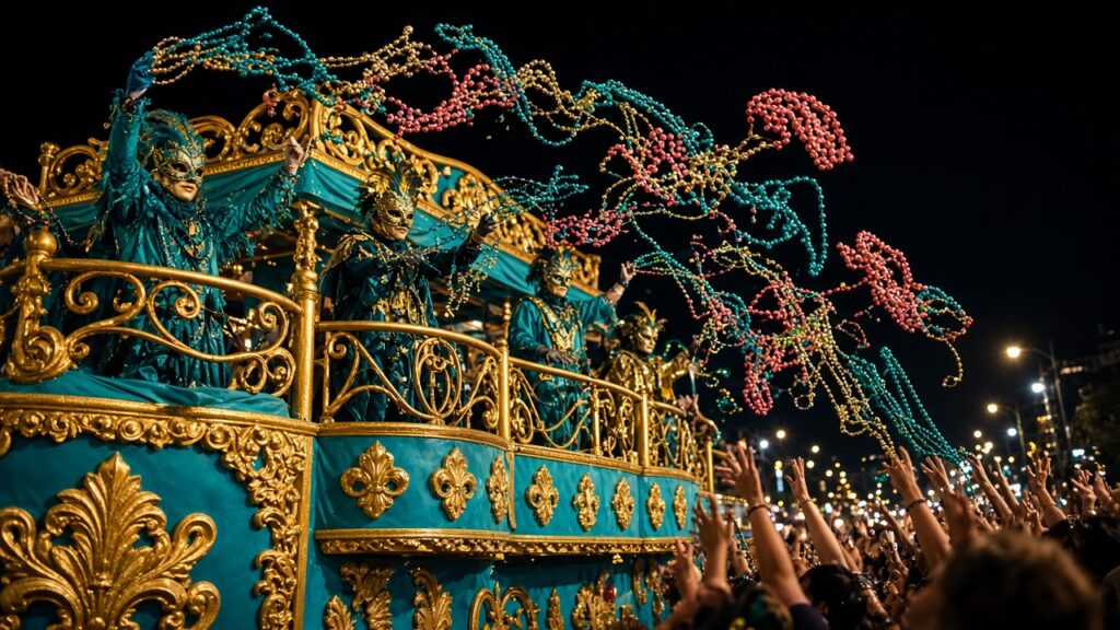 Masked riders on an ornate teal and gold float tossing beads at night