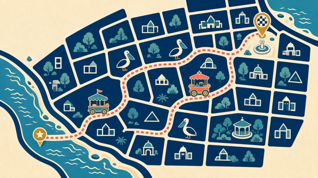 Illustrated, fictional parade route map in navy, cream, and coral