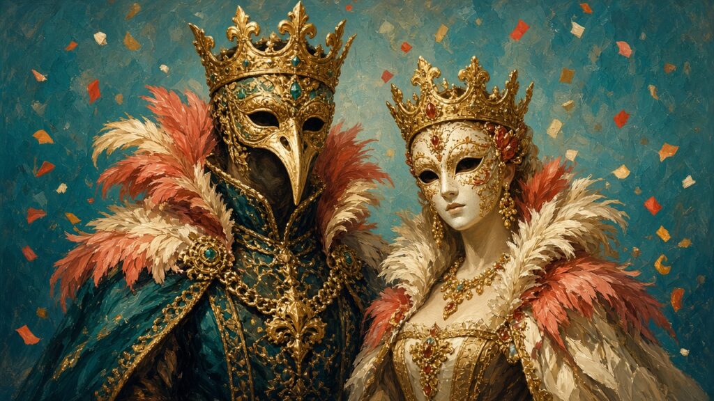 Masked King and Queen of 2024 in gold and coral feathered costumes