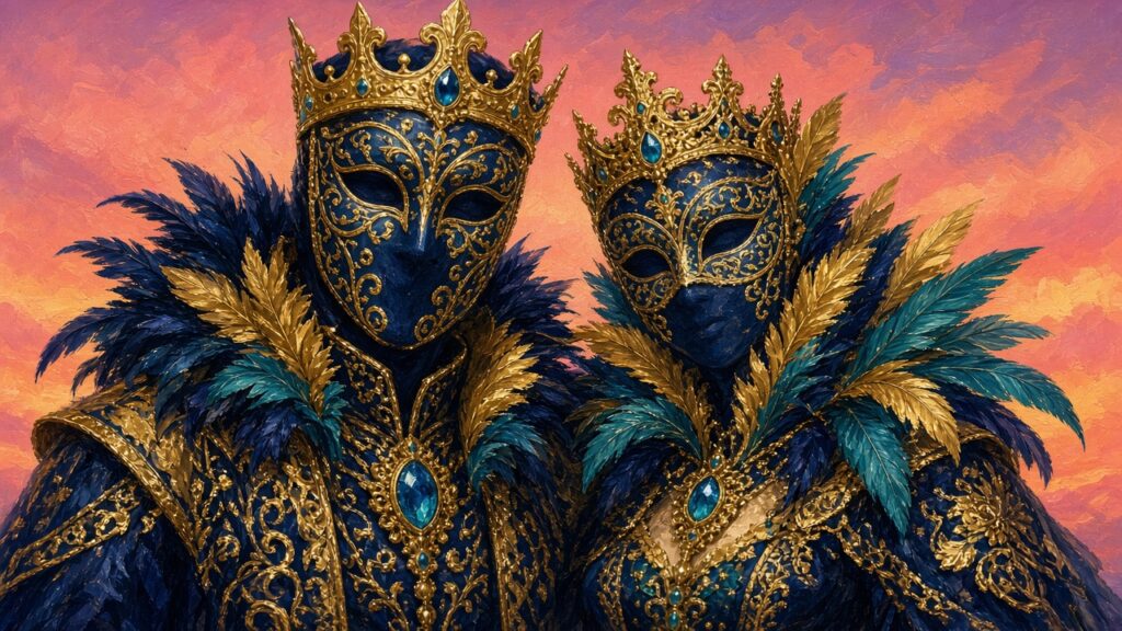 Masked King and Queen of 2025 in navy, teal, and gold feathered costumes