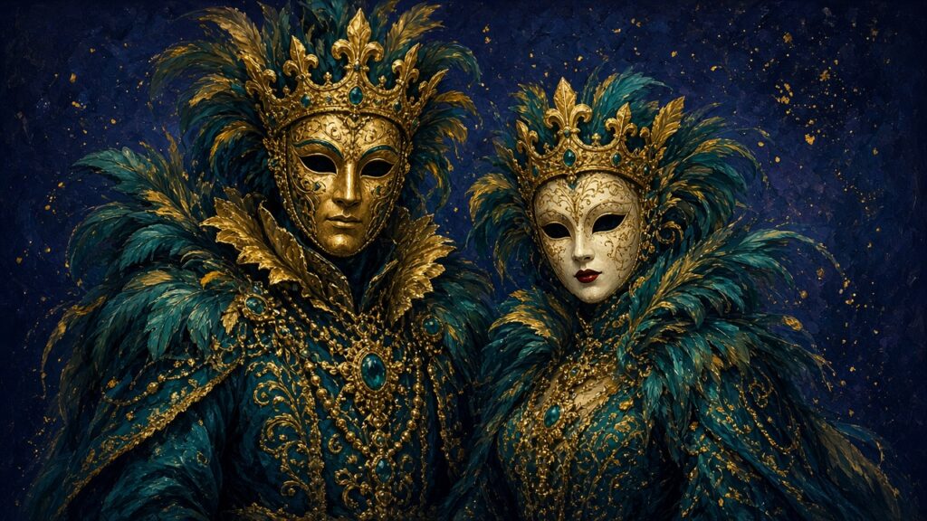Masked King and Queen of 2026 in teal and gold costumes with crowns