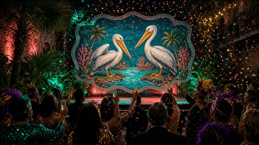 Crowd seen from behind at a party watching a lit stage with pelican artwork