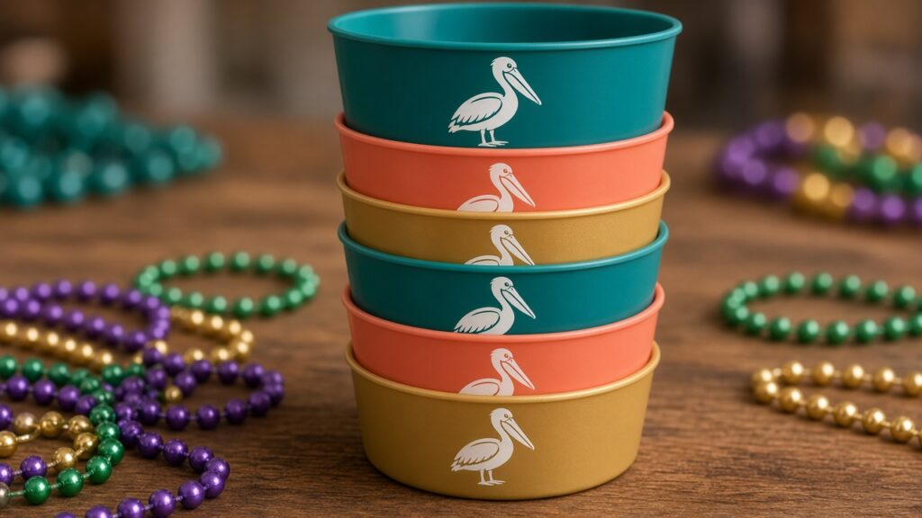 Stack of teal, coral, and gold throw cups printed with a white pelican