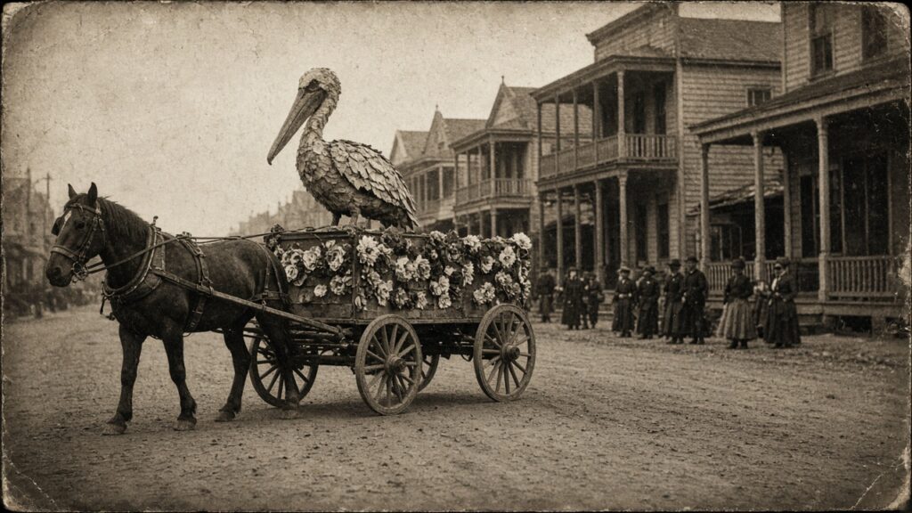 Sepia photo of a horse-drawn wagon carrying a pelican figure down an old street